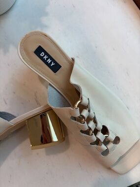 DKNY Cream Leather Slide Mules with Gold Accent